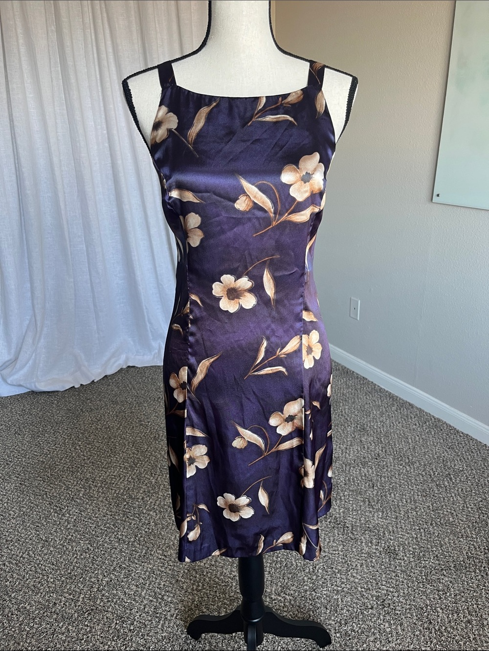 VTG Plum Purple Cream Floral Satin Mini Dress Size 13/14 L XL Lisa Jo